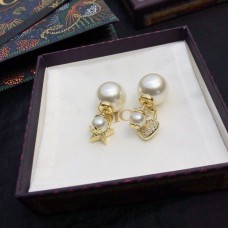 Автентични бижута Christian Dior CD Crystals Star Heart Асиметрични висулки Бяла перла Жълто злато Обеци