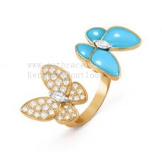 Пръстен Van Cleef Arpels Two Butterfly Between the Finger от жълто злато с диаманти и тюркоаз